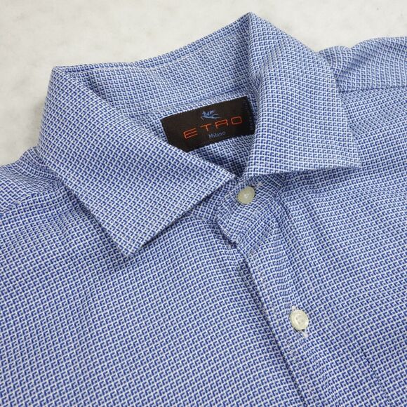 Etro Shirt Mens 41 Size XL Blue Gridlock Houndstooth Spread Collar Italy - Picture 1 of 7